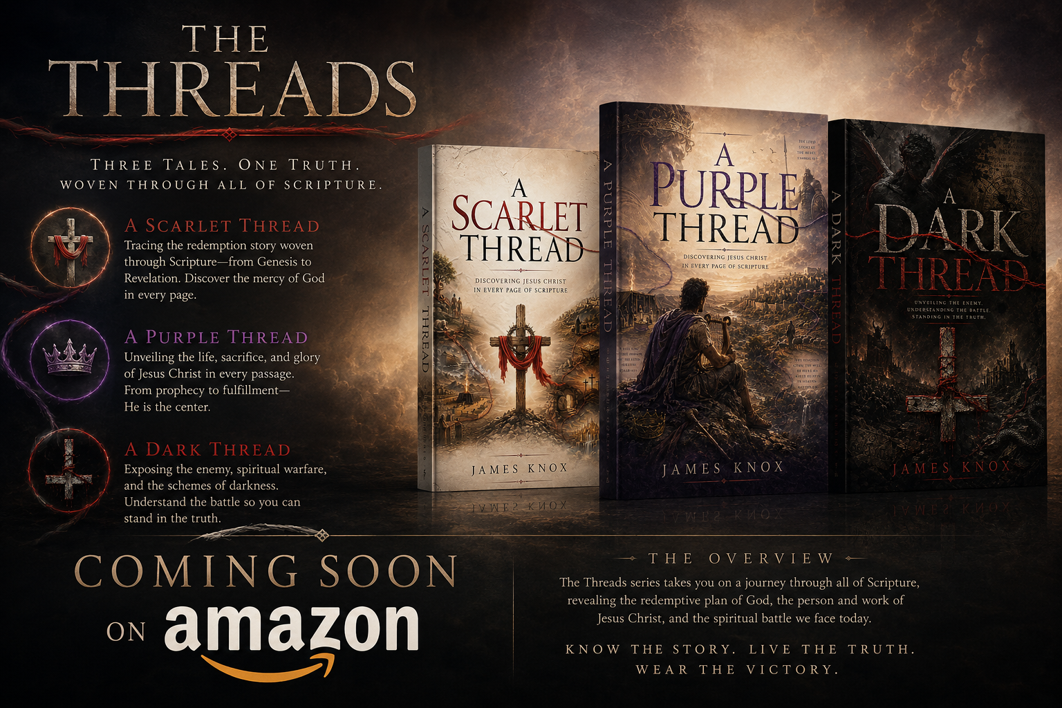 The Threads series featuring A Scarlet Thread, A Purple Thread, and A Dark Thread, coming soon on Amazon